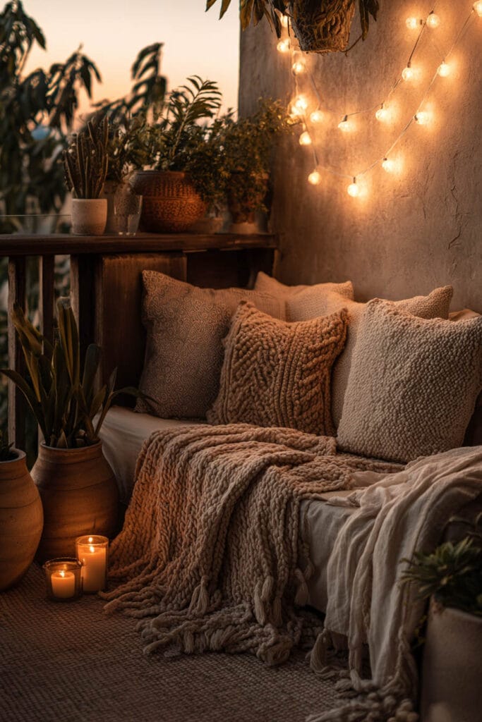 Cozy balcony with chunky knit blanket, textured pillows, globe string lights, candlelight, terracotta planters, and warm evening ambiance.