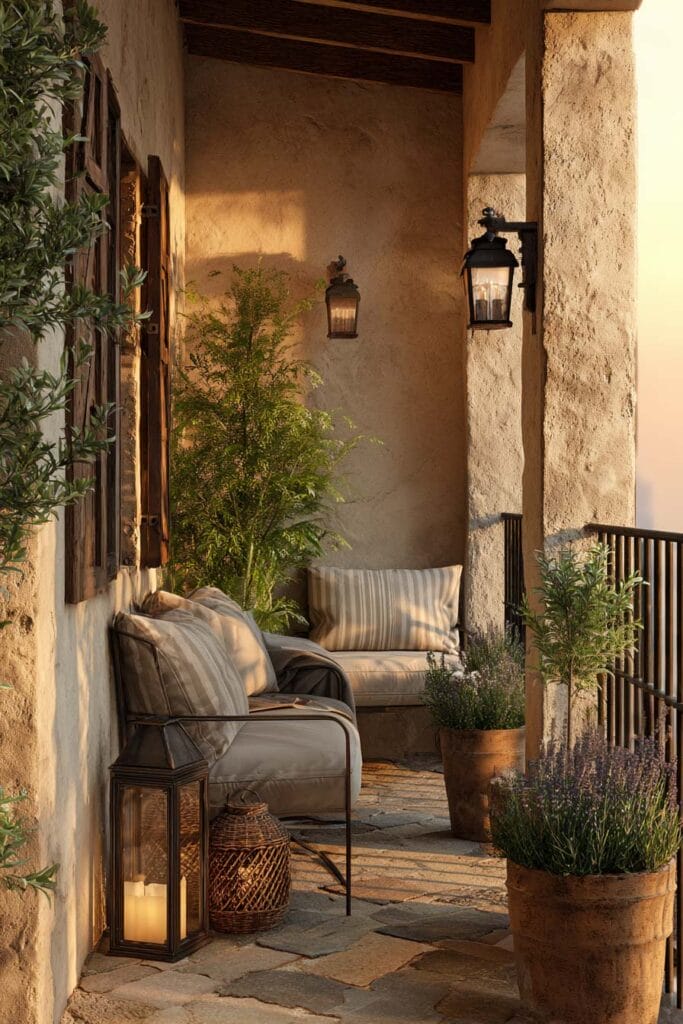 Small Mediterranean balcony with neutral outdoor seating, terracotta pots, lavender plants, lantern lighting, stone flooring, and warm golden sunset light.