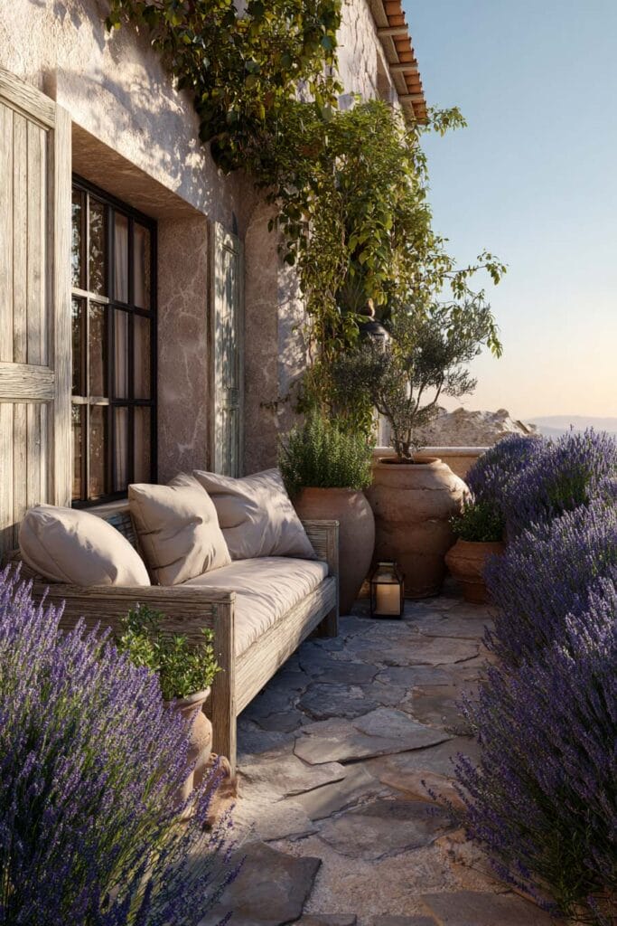 Mediterranean balcony with lavender plants, terracotta pots, rustic wood sofa, climbing vines, Mediterranean herbs, and stone flooring.