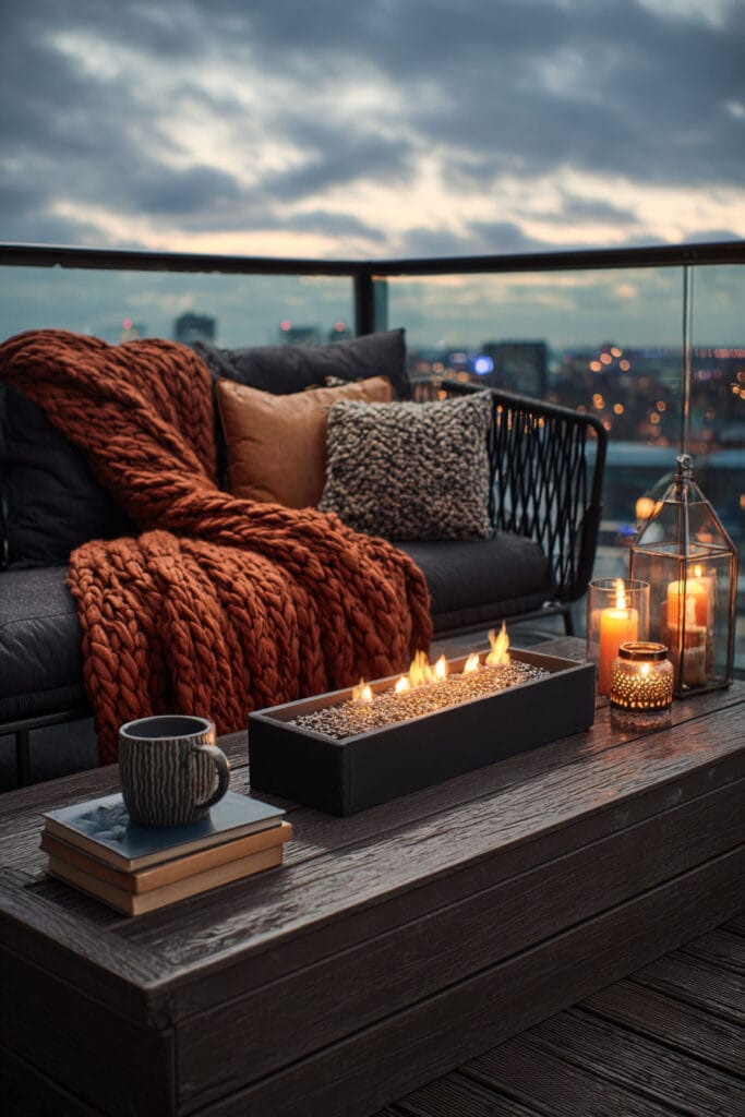 Moody balcony with tabletop fire feature, chunky knit blanket, candle lanterns, outdoor sofa, and city skyline views at dusk.