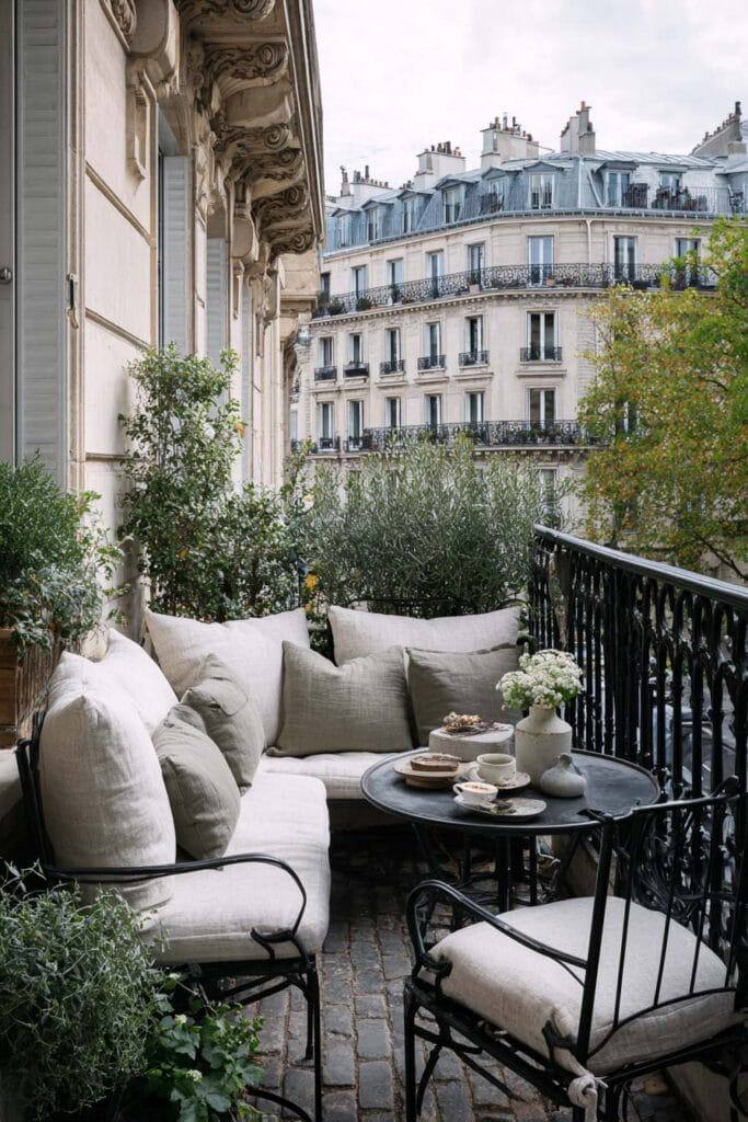 French balcony with neutral cushions, black wrought iron furniture, muted greenery, breakfast table, and classic Parisian apartment views.