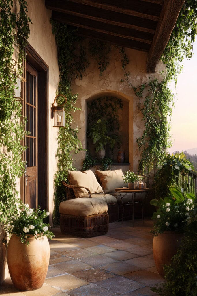 Private Mediterranean balcony with climbing vines, wicker lounge chair, terracotta pots, stone flooring, stucco walls, and cozy outdoor seating area.