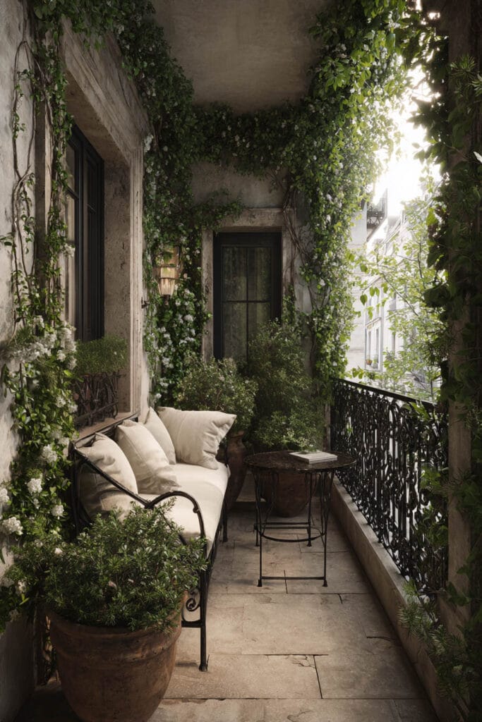 Private Paris balcony with climbing vines, lush greenery, wrought iron railing, cozy bench seating, and hidden garden atmosphere