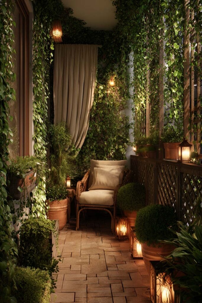Private romantic balcony with climbing vines, privacy screen, cozy chair, lantern lighting, and lush greenery at night.