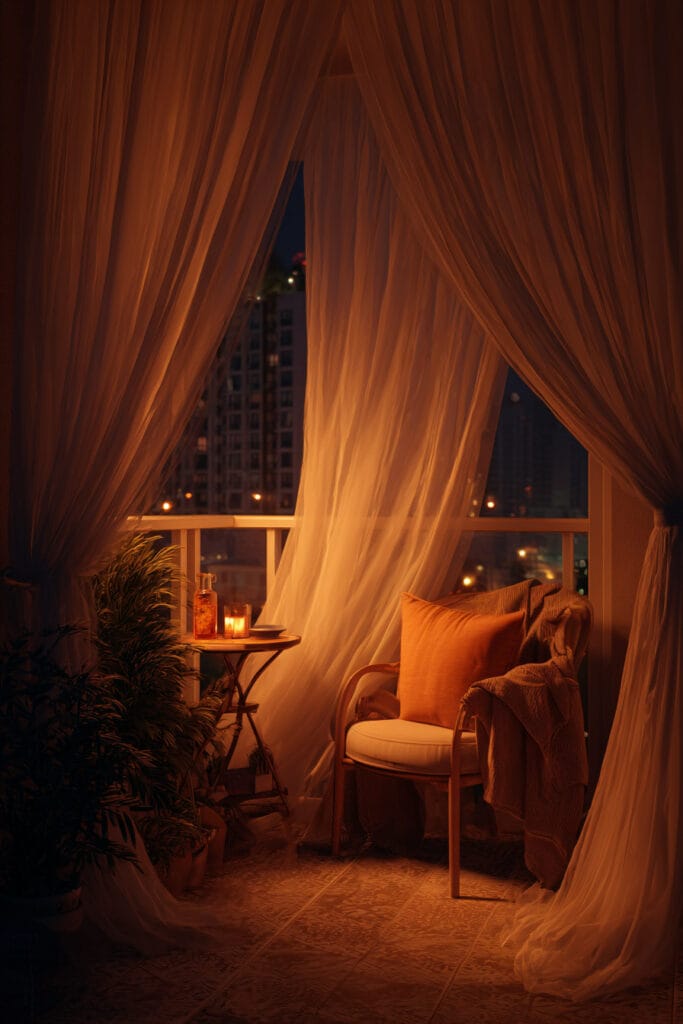 Romantic balcony with sheer curtains, cozy chair, candlelight, and warm ambient lighting creating a dreamy outdoor seating area at night.