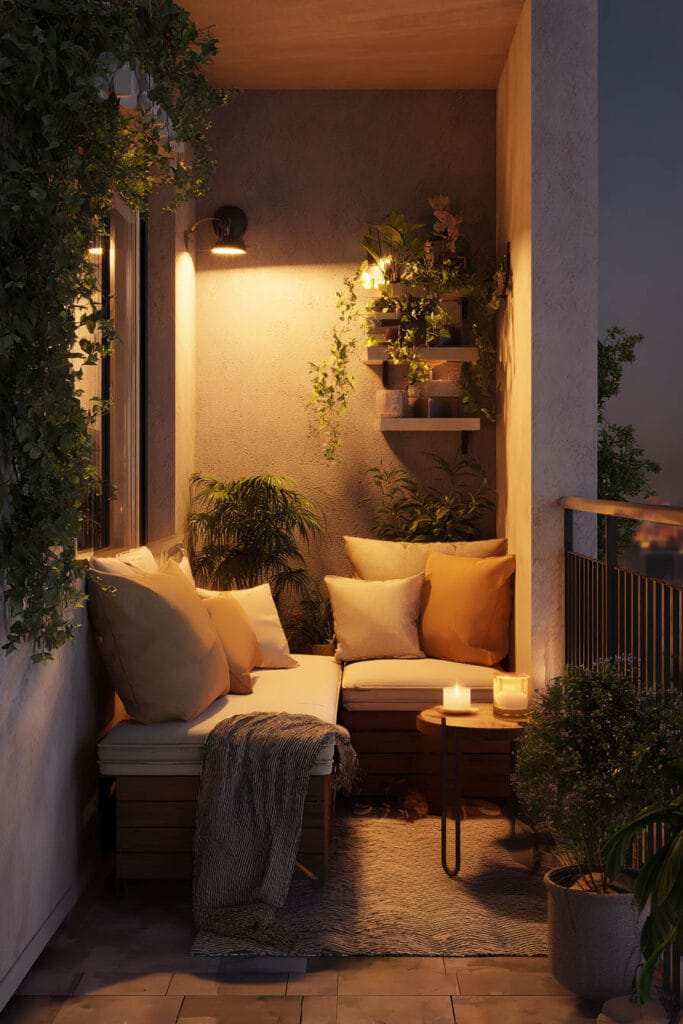 Small balcony with warm wall lighting, cozy bench seating, candles, plants, and soft cushions creating an inviting outdoor retreat at night