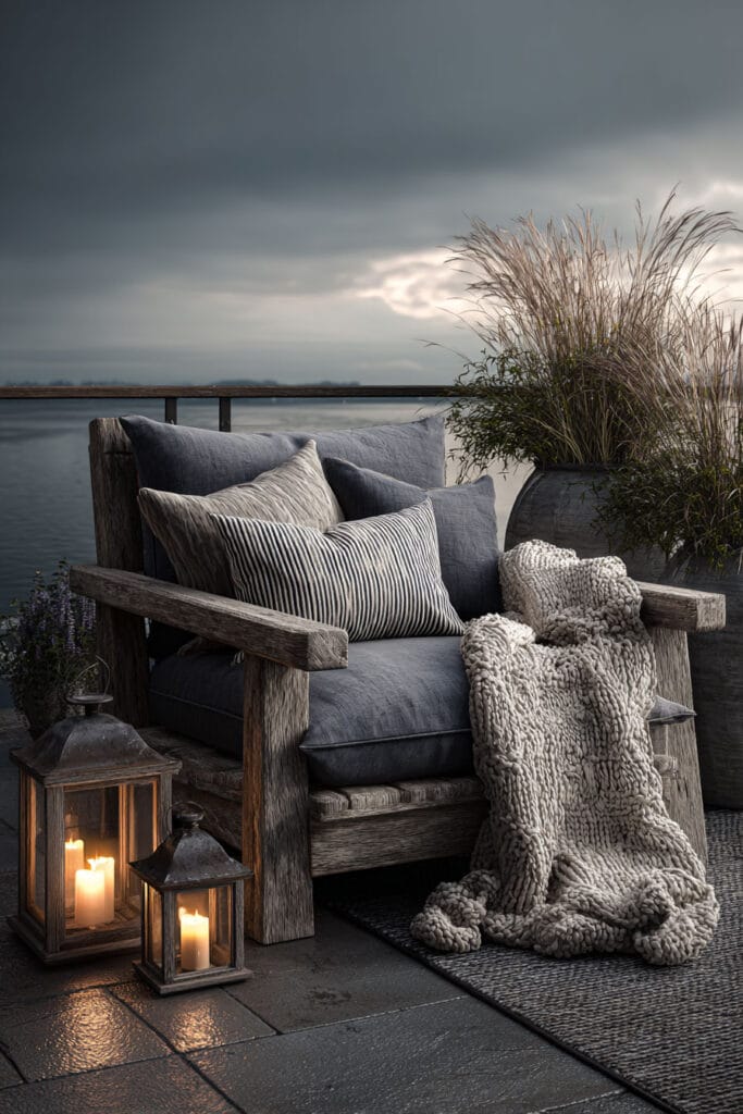 Stormy coastal balcony with rustic chair, knit blanket, lantern candles, waterfront view, and cozy evening atmosphere.