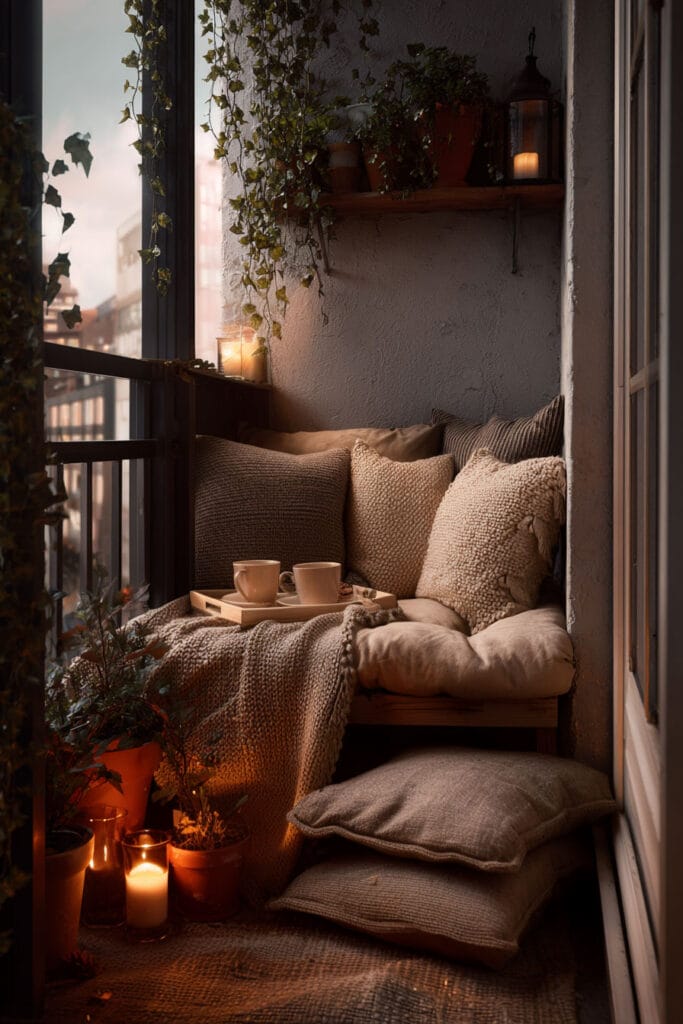 Warm lived-in balcony corner with knit blanket, layered cushions, candlelight, coffee tray, trailing plants, and cozy romantic decor.