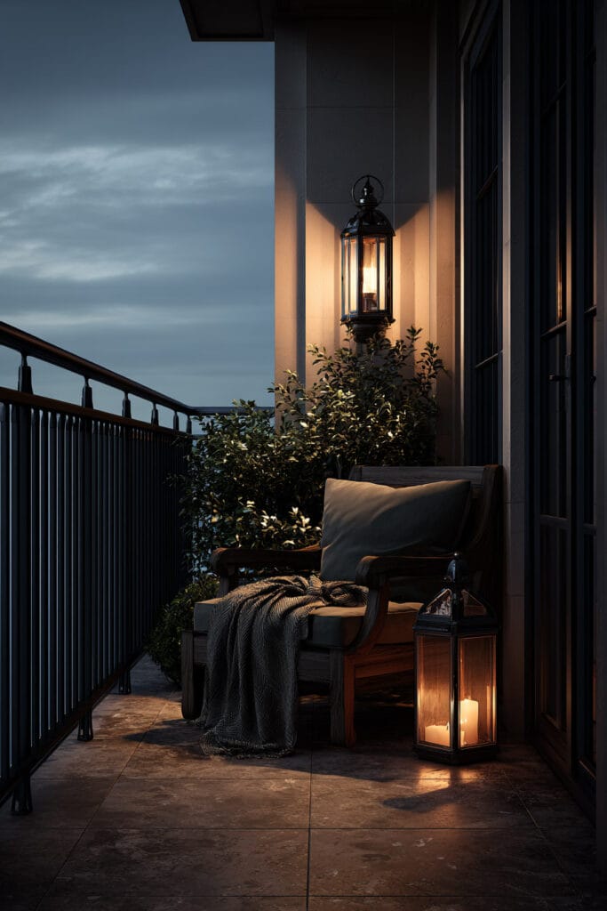 Moody balcony with statement wall lantern, cozy armchair, candle lantern, and warm evening lighting.