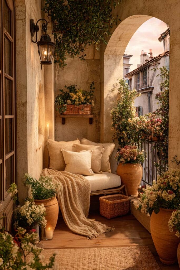 French balcony with aged stone walls, warm wood flooring, terracotta planters, linen cushions, lantern lighting, and timeless European decor.
