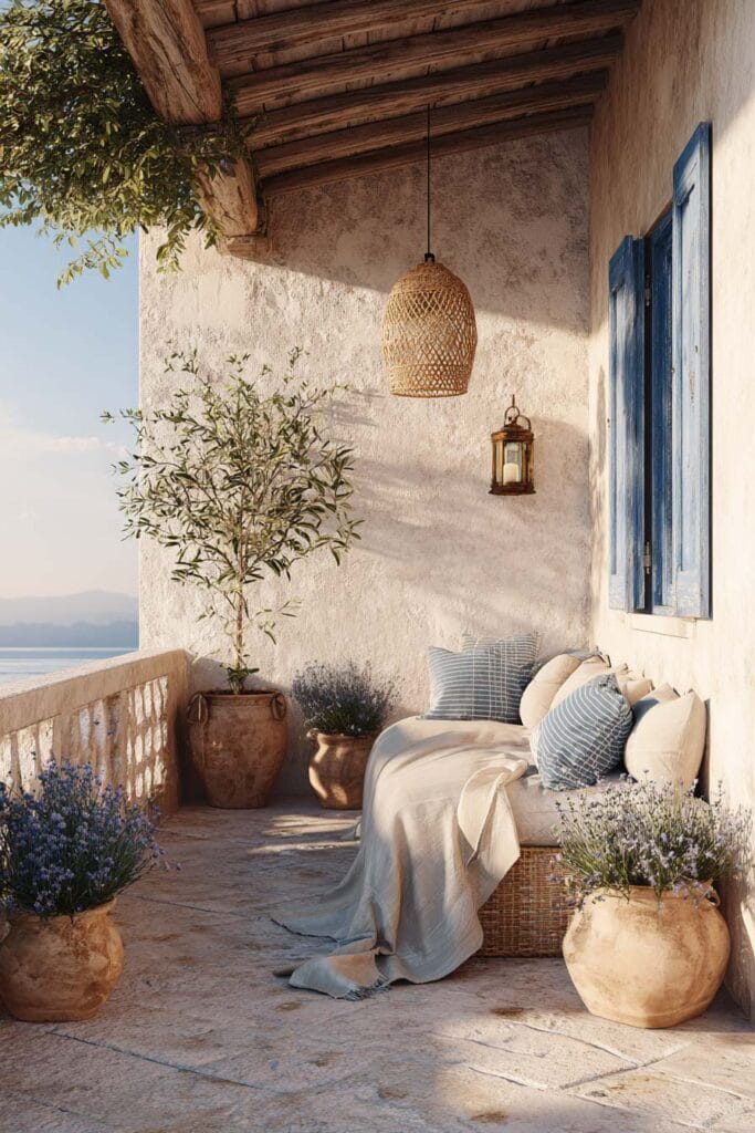 Coastal Mediterranean balcony with blue shutters, lavender planters, olive tree, woven pendant light, ocean view, and cozy outdoor seating.