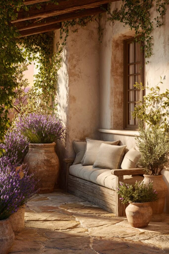 Mediterranean balcony with lavender plants, terracotta pots, rustic wood bench, climbing vines, Mediterranean herbs, and stone flooring.