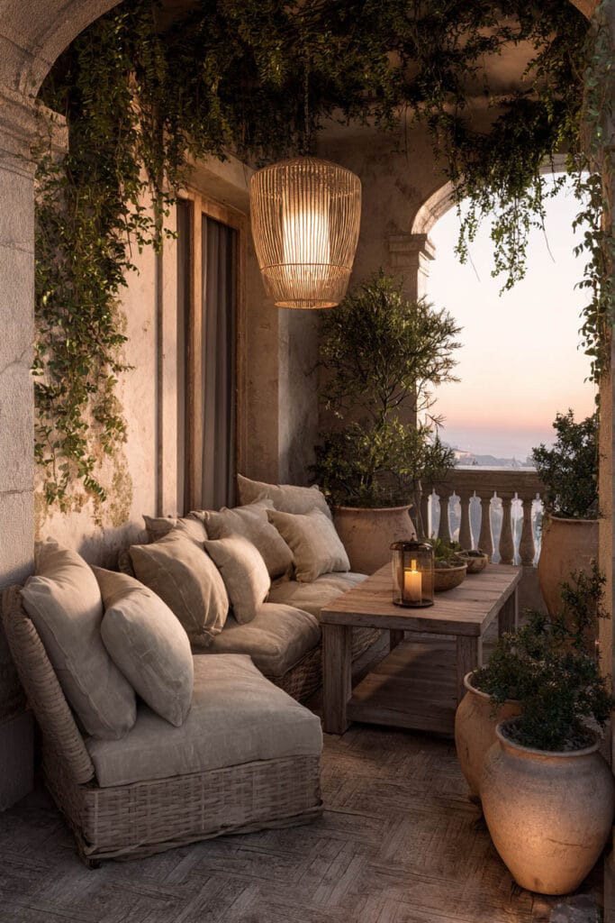 Mediterranean balcony with linen lounge seating, woven pendant light, climbing vines, terracotta planters, warm sunset lighting, and cozy outdoor styling.