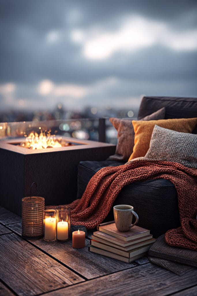 Moody balcony with fire pit, candles, books, cozy blanket, outdoor sofa, and warm evening firelight.