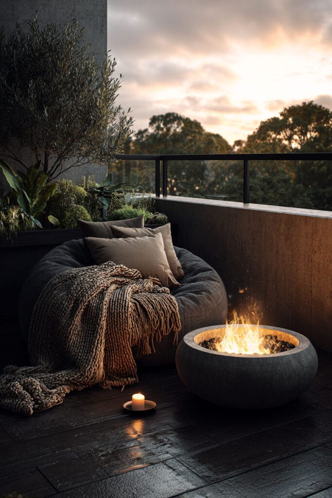 Moody balcony with modern fire pit, oversized knit blanket, floor cushion seating, neutral pillows, and warm evening lighting.