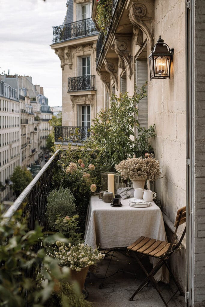 Paris balcony with linen tablecloth, fresh flowers, lantern, folding chair, and hidden café atmosphere