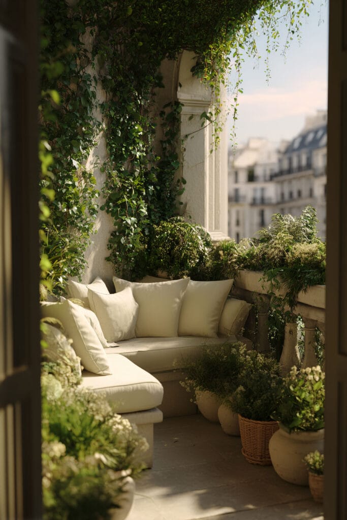 Private Paris balcony with cream lounge seating, climbing vines, lush greenery, potted plants, and hidden garden atmosphere