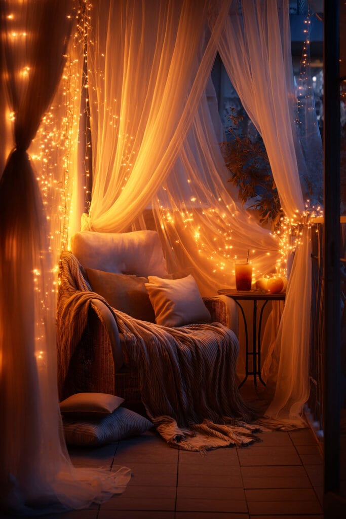 Romantic balcony with sheer white curtains, warm fairy lights, cozy wicker chair, soft throw blanket, and ambient evening lighting.