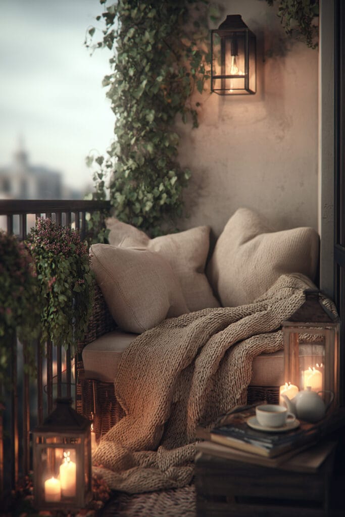 Romantic balcony seating nook with knit blanket, lantern candles, soft pillows, climbing vines, and cozy evening lighting.