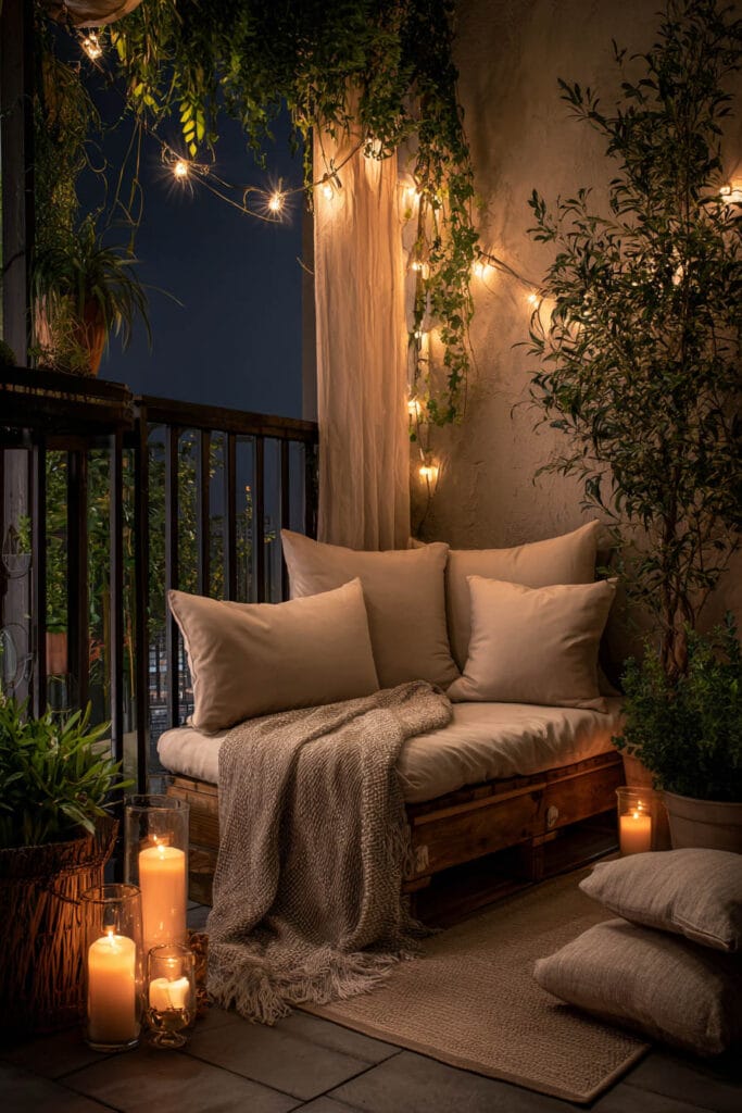Small balcony with string lights, candles, cozy bench seating, neutral pillows, and lush plants creating a warm outdoor retreat at night