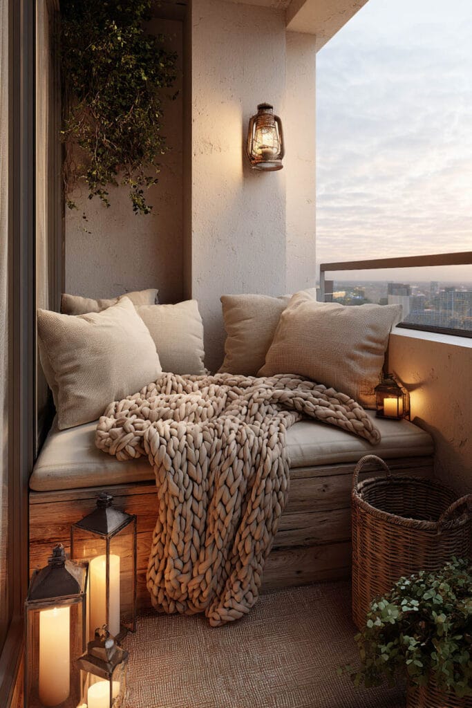 Small balcony with chunky knit blanket, lantern candles, neutral cushions, wood bench seating, and cozy evening lighting.