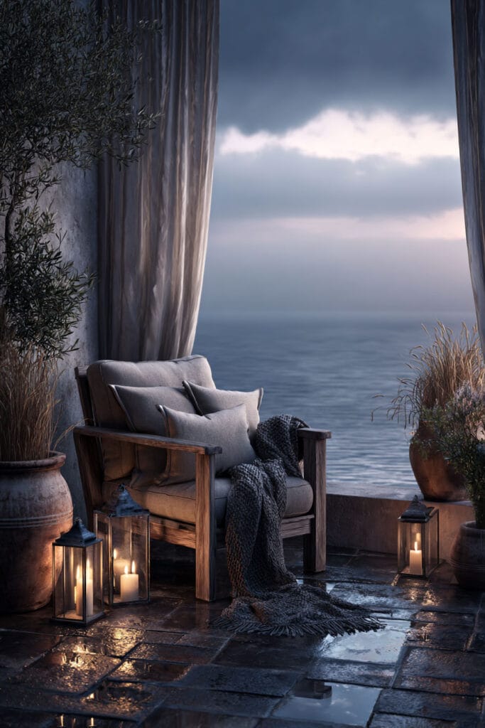 Stormy coastal balcony with lanterns, cozy armchair, ocean view, soft cushions, and moody evening atmosphere.