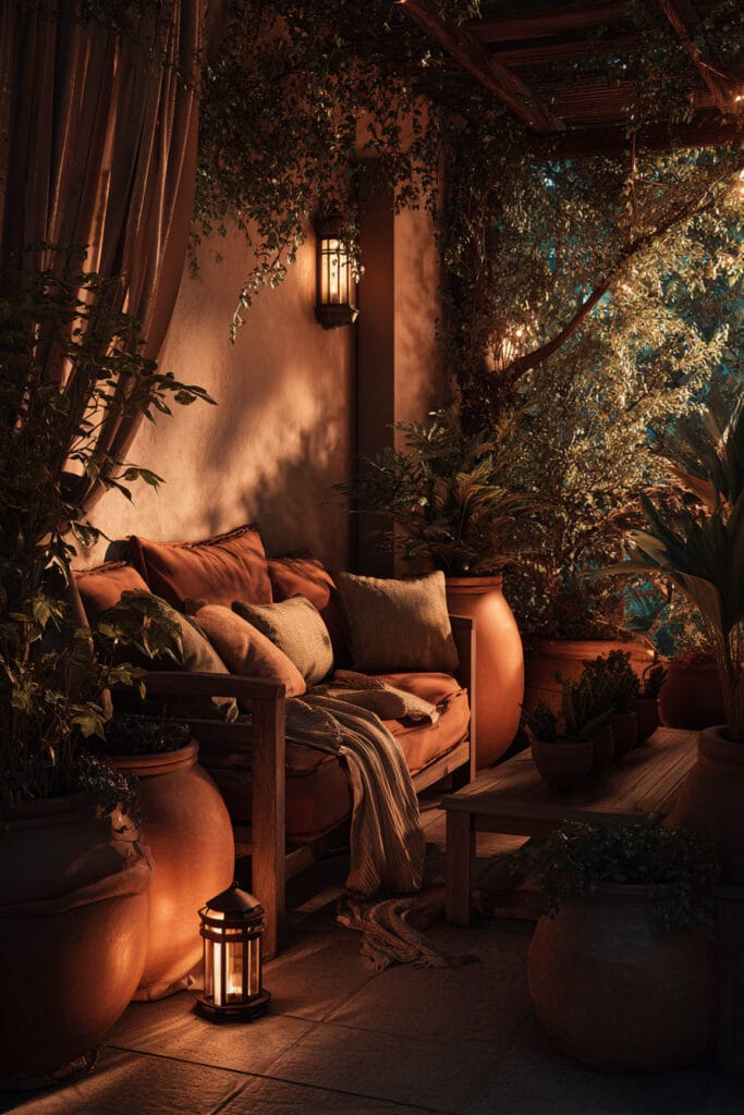 Warm lived-in balcony with terracotta pots, cozy sofa, lantern lighting, lush plants, soft cushions, and romantic outdoor decor.