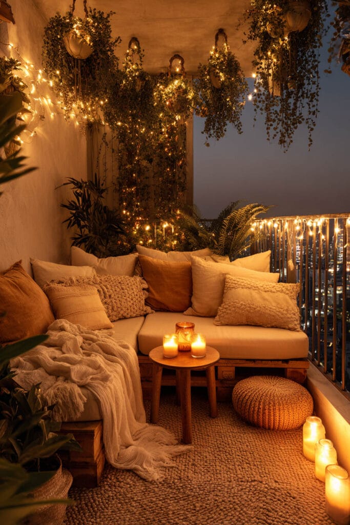 Small balcony with layered string lights, hanging plants, candles, cozy neutral seating, and warm ambient lighting at night.
