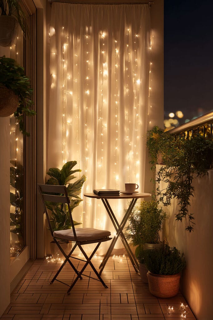 Small balcony with warm curtain fairy lights, bistro table, folding chair, and potted plants creating a cozy outdoor evening space.