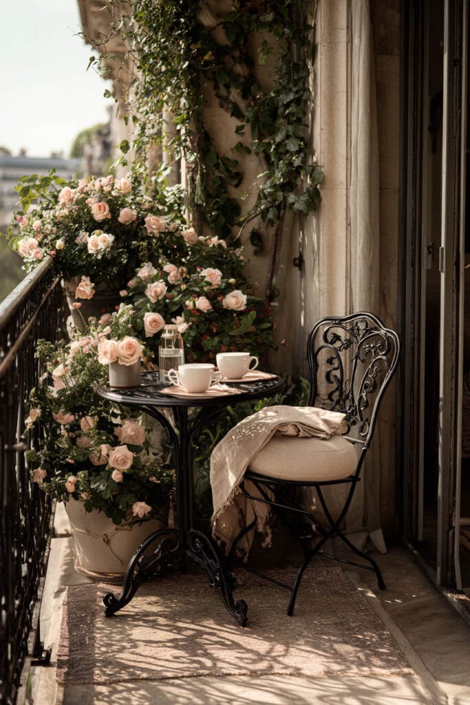French balcony with black wrought iron bistro table and chair, blush pink roses, climbing vines, linen throw, and timeless Parisian outdoor decor.