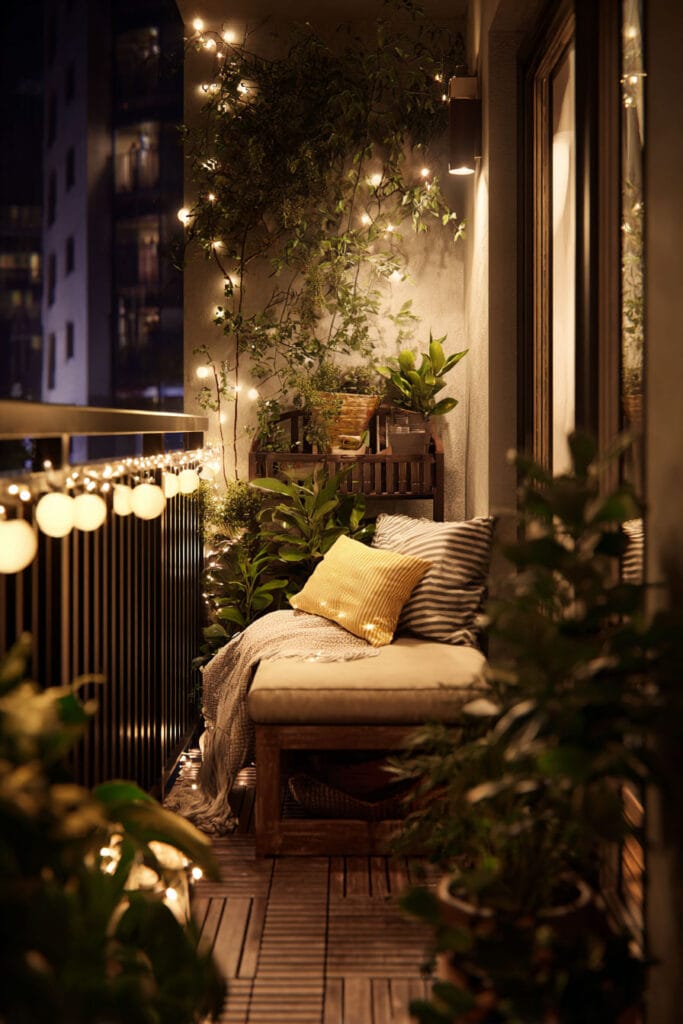 Modern balcony with globe string lights, cozy outdoor daybed, potted plants, and warm ambient lighting creating an elevated outdoor living space at night.