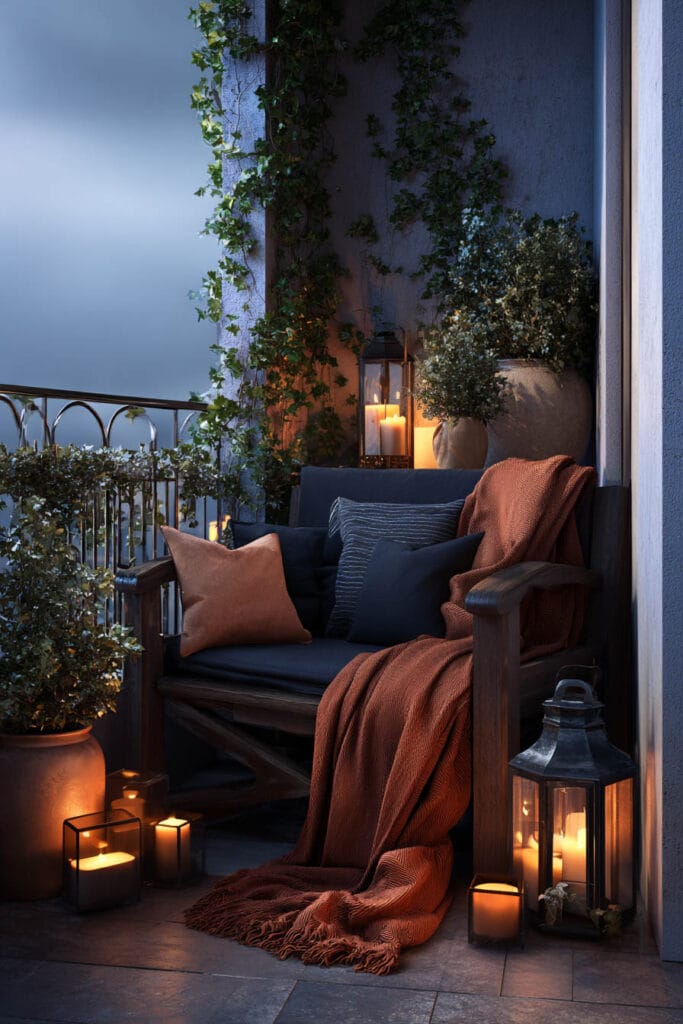 Moody balcony seating area with lantern candles, rust throw blanket, dark cushions, climbing vines, and warm evening lighting.
