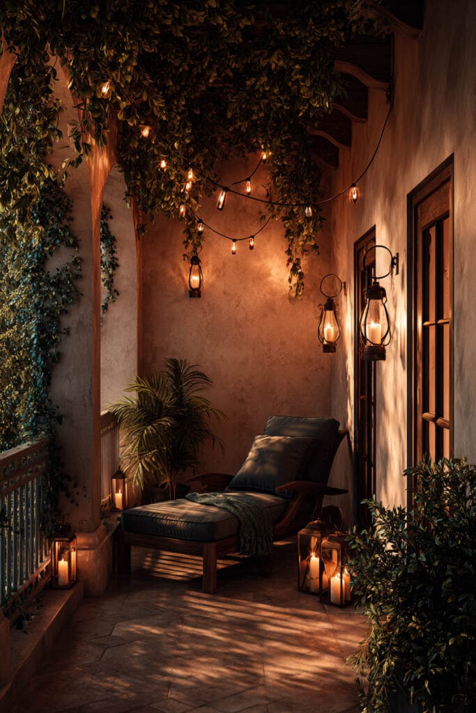 Moody balcony with lanterns, candles, string lights, hanging greenery, and a cozy lounge chair illuminated by warm evening lighting.