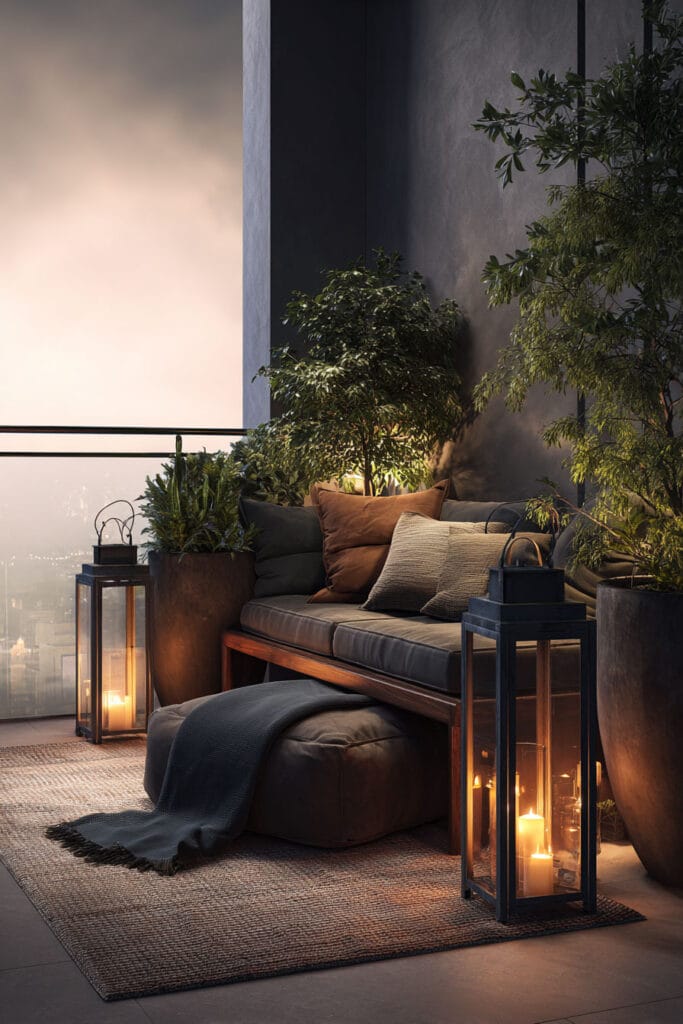Moody balcony with outdoor sofa, candle lanterns, potted plants, dark walls, warm lighting, and cozy neutral decor.