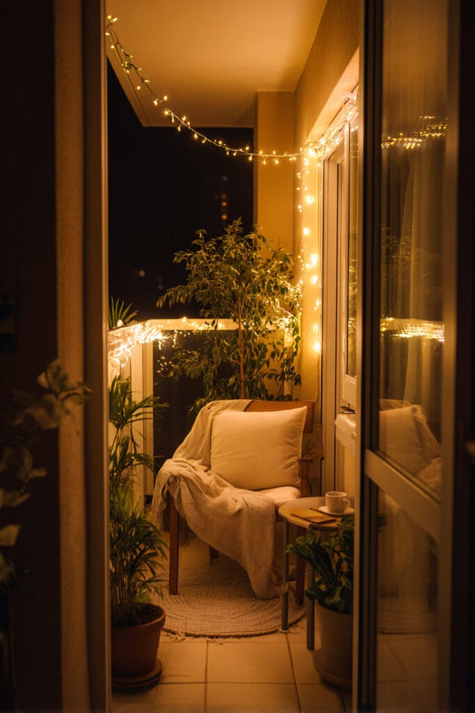 Narrow apartment balcony with warm string lights, cozy chair, potted plants, and soft blanket creating a comfortable outdoor retreat at night