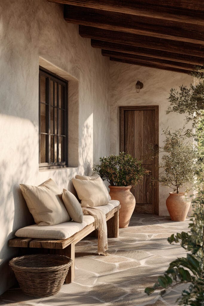 Mediterranean balcony with neutral cushions, rustic wooden bench, terracotta pots, stone flooring, and olive tree styling in warm natural light.
