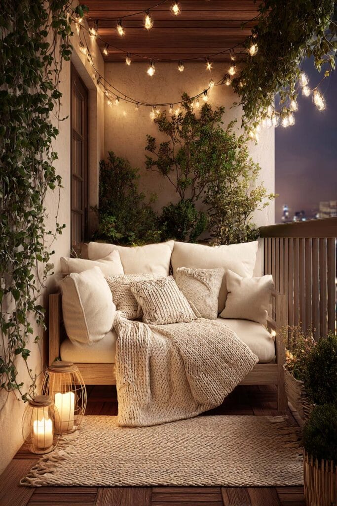 Romantic balcony seating area with cream cushions, knit blanket, string lights, lantern candles, and climbing plants creating a cozy outdoor retreat.