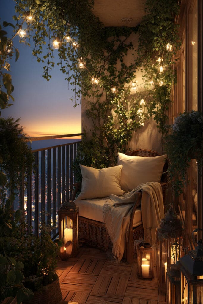 Romantic balcony with string lights, lanterns, climbing vines, wicker chair, candles, and cozy evening city view.