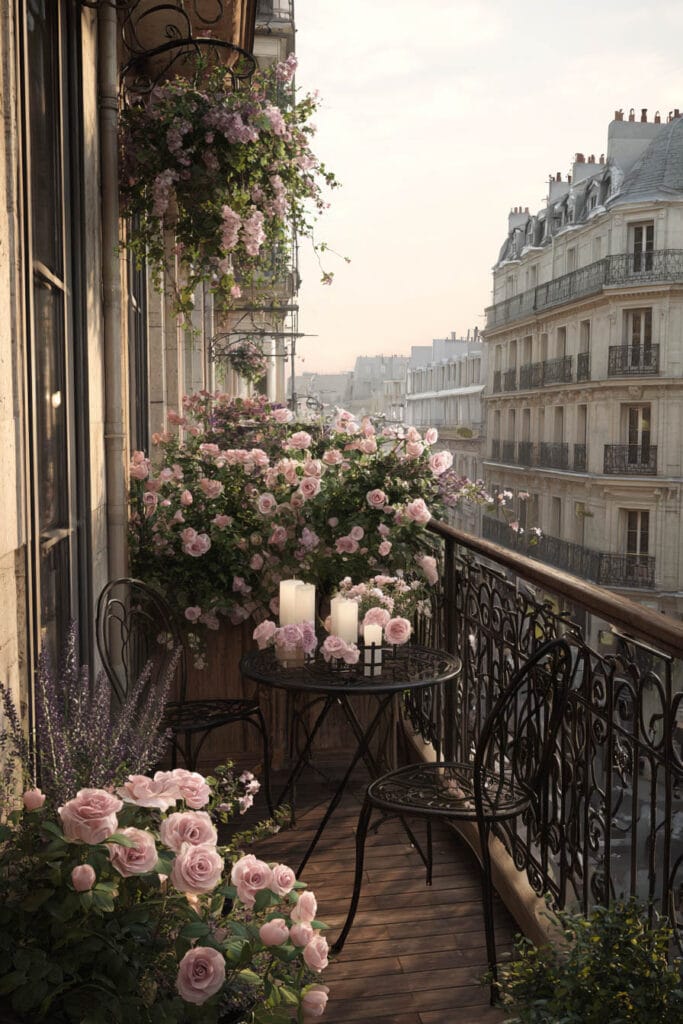 Romantic Paris balcony with black wrought iron bistro set, pink roses, flower-filled planters, candlelight, and classic French architecture