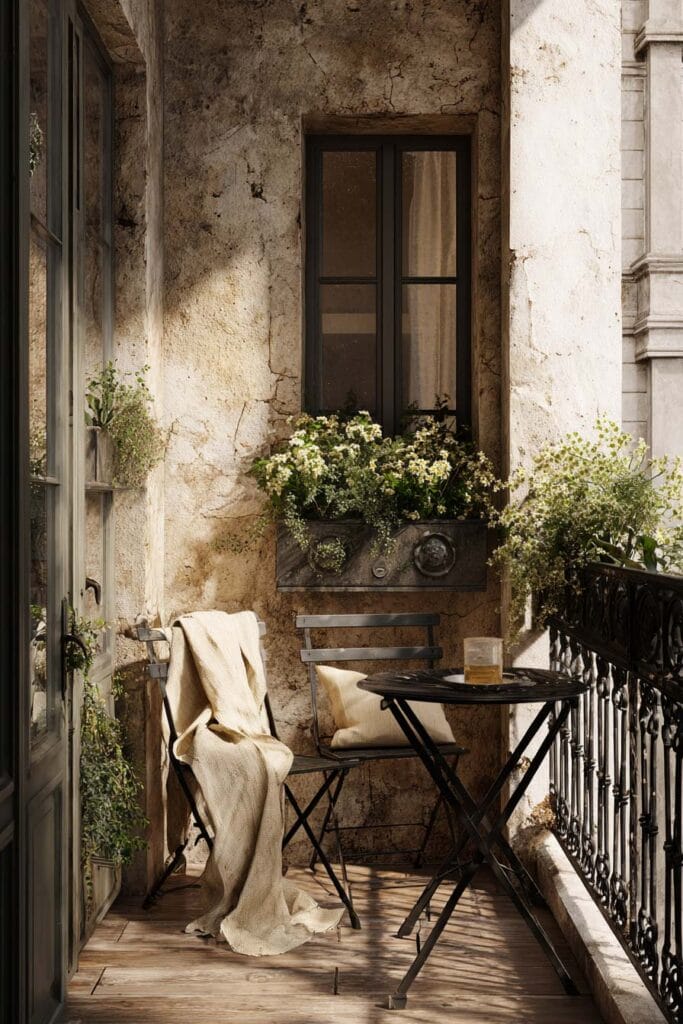 Small Paris balcony with black bistro table, linen throw, flower boxes, and rustic French café style