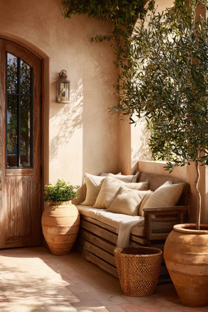 Mediterranean balcony with terracotta pots, olive tree, wooden bench seating, neutral cushions, stucco walls, and warm natural sunlight.