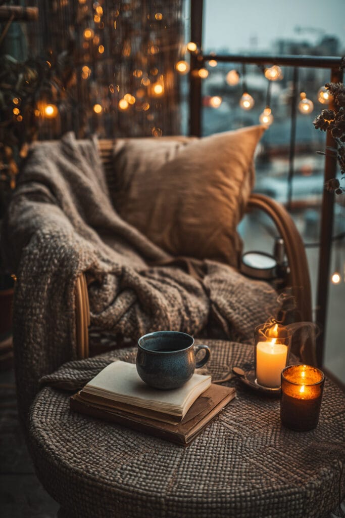 Cozy balcony reading nook with steaming coffee mug, candlelight, soft blanket, string lights, woven table, and warm romantic decor.