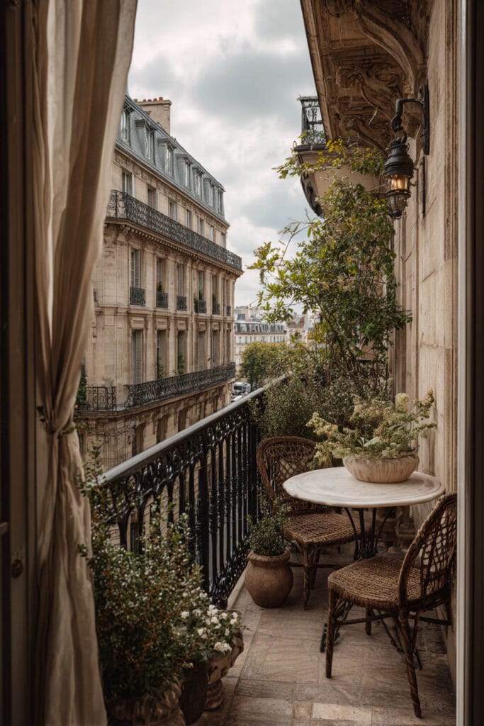 French balcony with stone flooring, woven café chairs, marble table, wrought iron railing, mature greenery, and classic Parisian architecture.