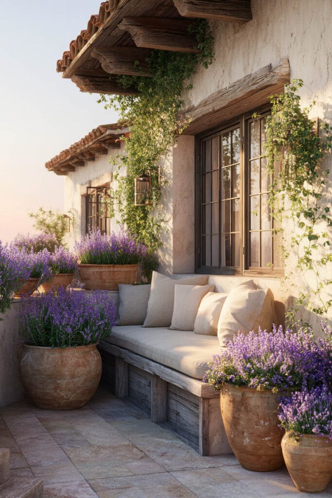 Mediterranean balcony with lavender in terracotta pots, rustic built-in bench, climbing vines, weathered stucco walls, and Mediterranean herb garden decor.