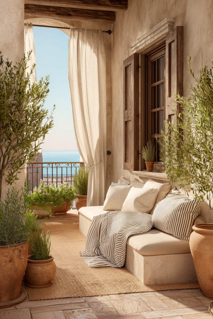 Mediterranean balcony with linen curtains, striped cushions, olive trees in terracotta pots, neutral outdoor seating, and coastal sea views.