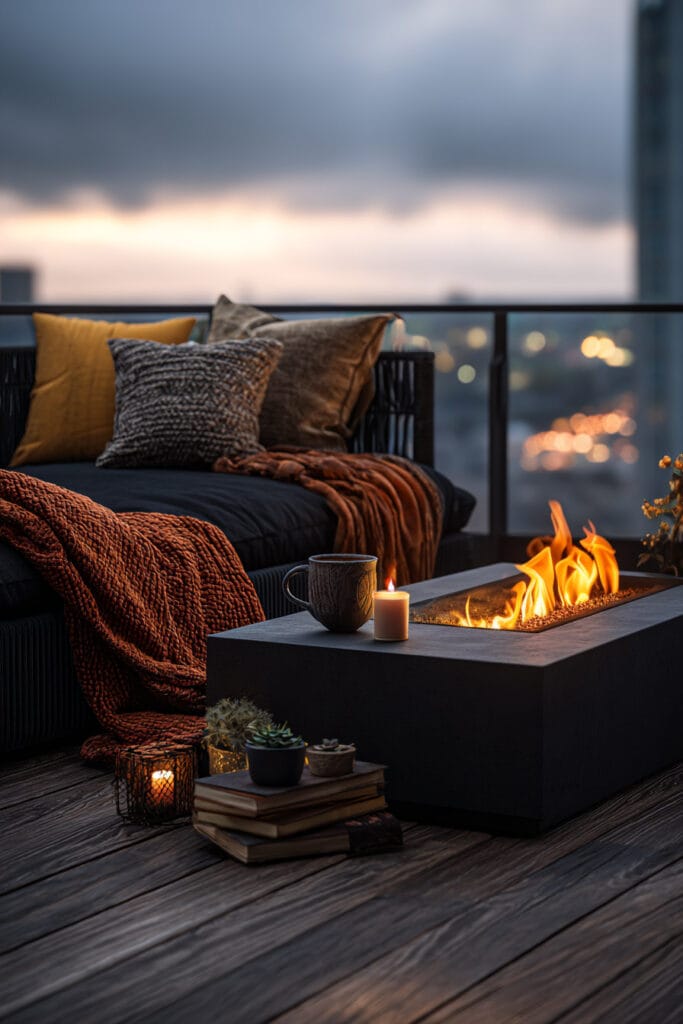 Modern balcony with fire pit, cozy sofa, knit blanket, candles, books, and warm evening firelight.