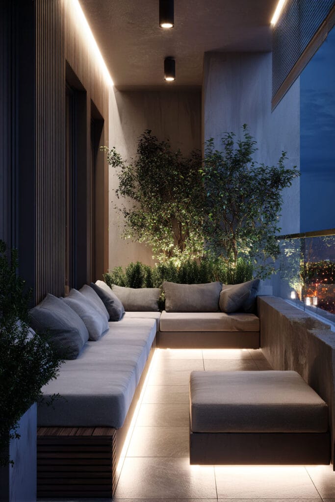 Modern balcony with built-in LED lighting, contemporary outdoor sectional seating, architectural wall lights, and greenery at night.