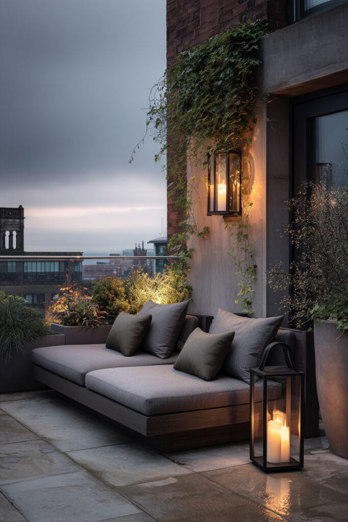 Moody balcony at blue hour with outdoor daybed, lantern candles, climbing greenery, city views, and warm ambient lighting.