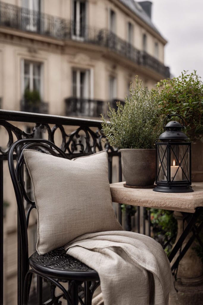 Paris balcony with wrought iron chair, linen pillow, stone table, lantern candle, and hidden café styling