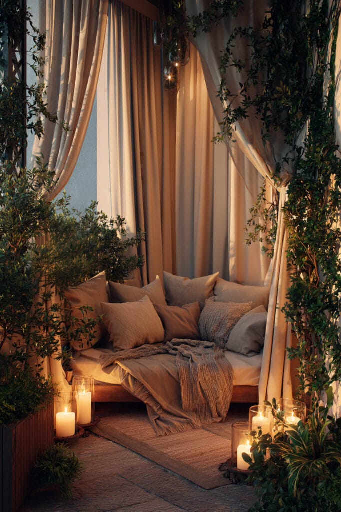 Private balcony with flowing curtains, candlelight, lush greenery, cozy neutral seating, and warm ambient lighting at night.
